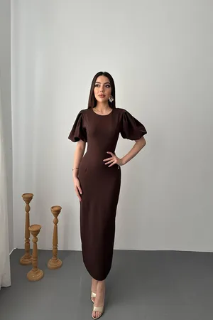 Kahverengi Kolları Balon Elbise - Kahverengi