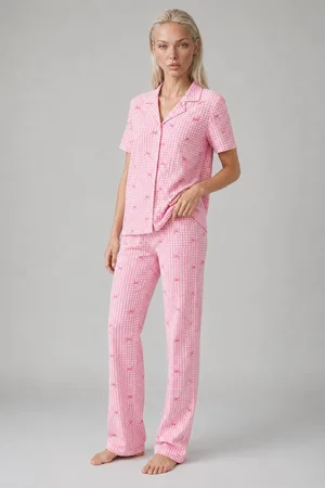 Ekose Fiyonk Desenli Kısa Kollu Pijama Takımı Kadın Düğmeli Uzun Alt Pembe Pijama Takımı 4633