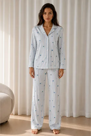 Kadın Desenli Basic Kış Mavi Pijama Takımı