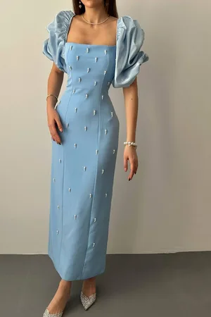 Bebe Mavi İşlemeli Kolu Garnili Elbise - Bebe Mavi