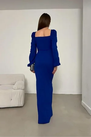 Krep Yaka Abiye Kalp Kumaş Elbise Maxi Yırtmaçlı