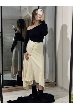ZR Model Selanik Önü Düğmeli Uzun Etek - Ekru