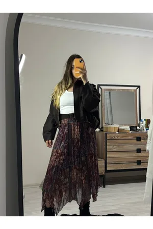 Asimetrik Kesim Bel Lastikli Desenli Şifon Etek - Gri