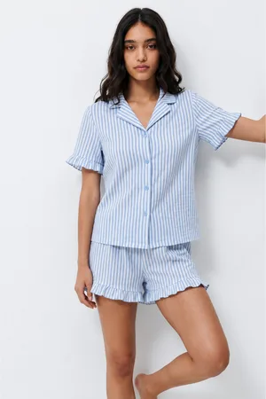 Kadın Desenli Trend Mavi Pijama Takımı