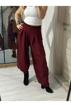 Double Atlas Kumaş Pileli Paça Lastikli Pantolon - Bordo