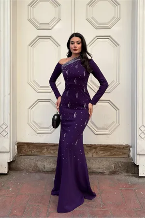 Krep Omuz Abiye Kumaş Elbise Tek