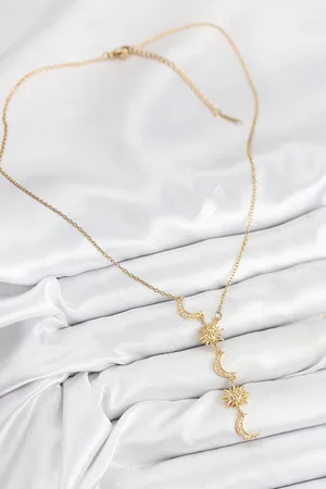 316L Çelik Zirkon Taşlı Güneş Ve Ay Model Gold Renk Kadın Kolye