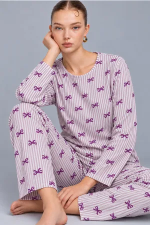 Kadın Çizgili Rahat Desenli İkili Mor Pijama Takımı 4809