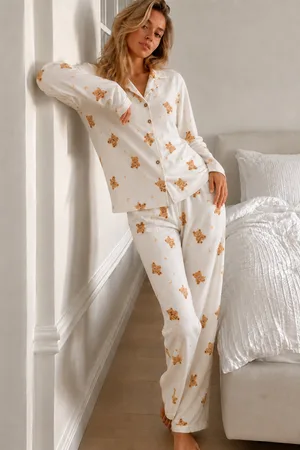 Kadın Gömlek Yaka Düğmeli Beyaz Pijama Takımı