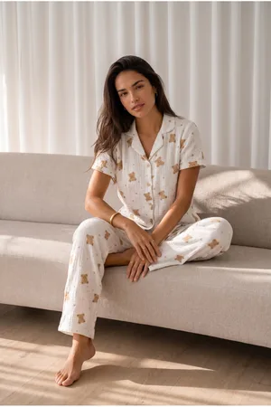 Kadın Loose Uzun Paça Pamuk Kırık Beyaz Pijama Takımı