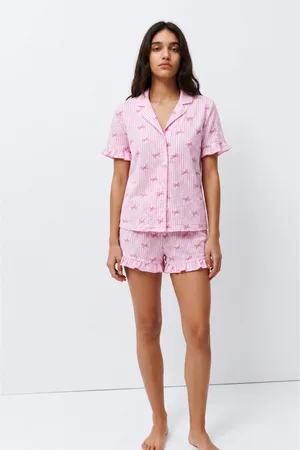 Kadın Desenli Trend Pembe Pijama Takımı