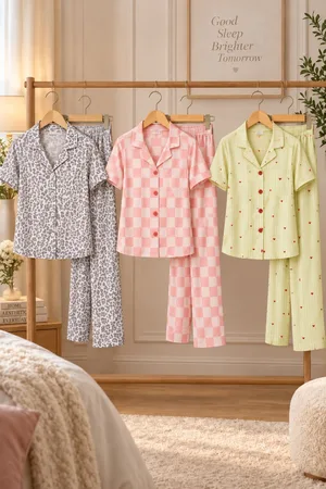 3 Adet Kadın Kısa Kollu Rahat Pijama Takımı Pembe