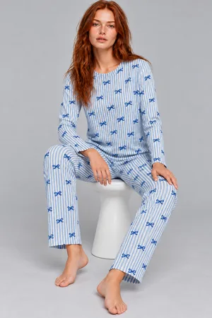 Kadın Desenli İkili Mavi Rahat Pijama Takımı 4815
