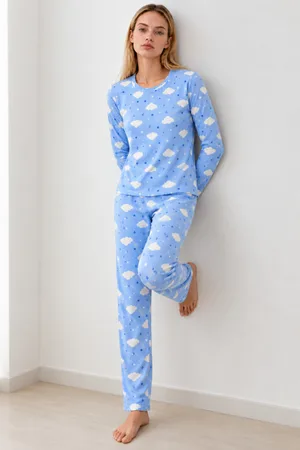 Kadın Kışlık Trend Mavi Gecelik Pijama Takımı 4833