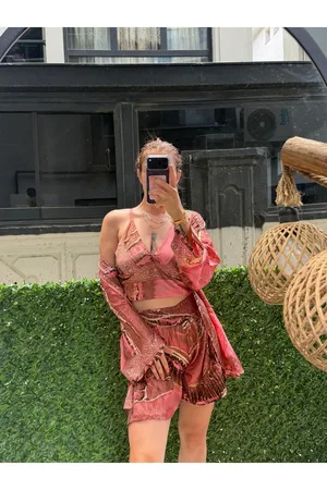 İthal Etnik Desen Üçlü Kimono Takım (36-46 BEDEN UYUMLU STANDART BEDENDİR) - Pembe