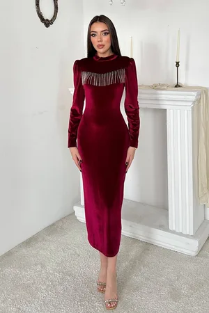 Bordo Kadife Işıltılı Elbise