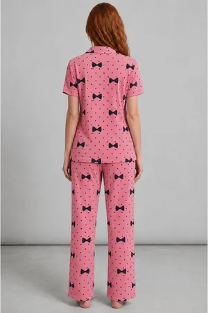 Kadın Kısa Kol Desenli Pembe Pijama Takımı 4729