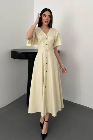 Sarı Düğmeli Midi Boy Poplin Elbise