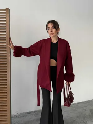 Kürk Detaylı Kemerli Kadın Ceket - Bordo