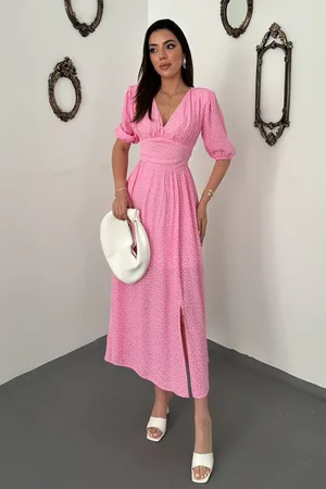 Pembe Puantiyeli Gipeli Elbise