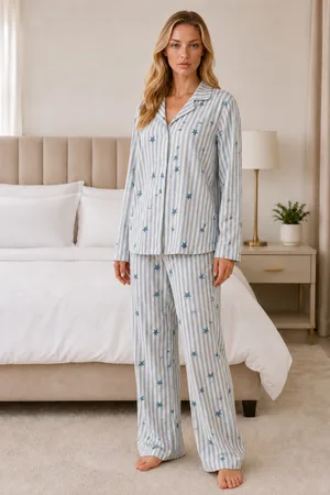 Kadın Casual Esnek Bol Mavi Pijama Takımı 4671