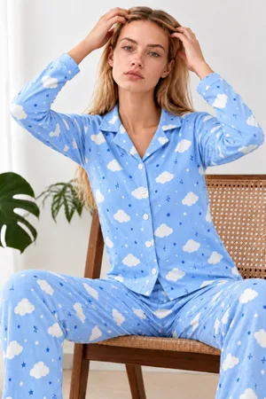 Kadın Desenli Gömlek Yaka Mavi Pijama Takımı 4831