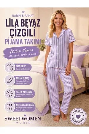 Kadın Lila Beyaz Çizgili Gömlek Yaka Kısa Kollu Pijama Takımı 4629