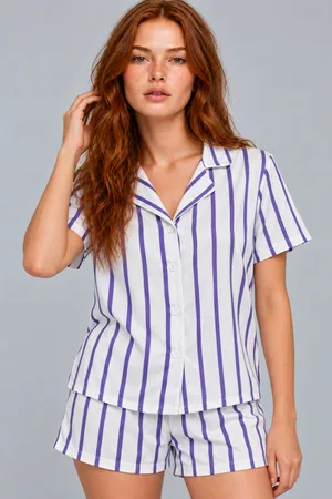 Kadın Çizgili Şortlu Kısa Kollu Beyaz Pijama Takımı 4817