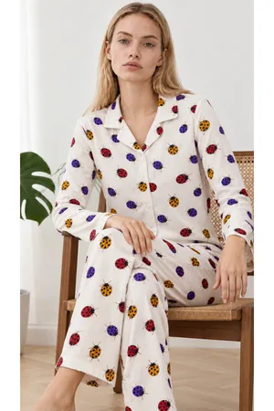 Kadın Uğur Böcekli Gömlek Yaka Beyaz Pijama Takımı 4827