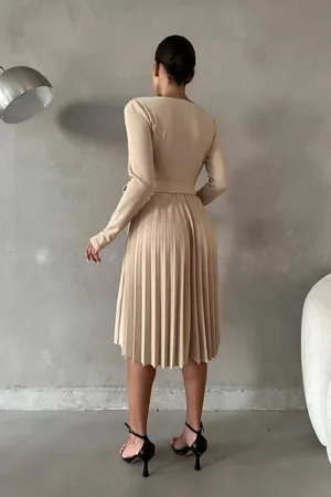 Krep Yaka Abiye Kumaş Kemerli Elbise V