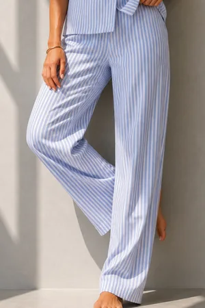 Kadın Klasik Doğal Düğme Gece Mavi Pijama Takımı