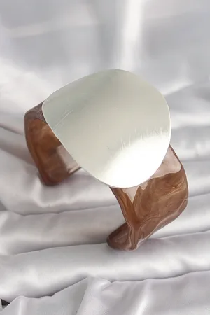 Brown Marble Pattern Acrylic Plastic Silver Plate Model Vintage Women Bracelet
