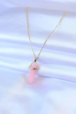 316L Çelik Gold Renk Kristal Pembe Taş Model Kadın kolye