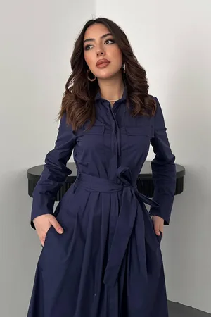 Lacivert Düğmeli Poplin Elbise - Lacivert