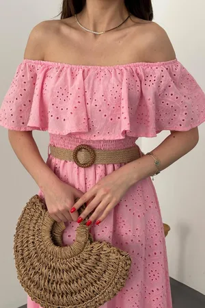 Pembe Madonna Yaka Fisto Elbise - Pembe