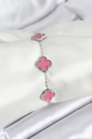 316L Çelik Gümüş Zincir Pembe Renk Yonca Bileklik