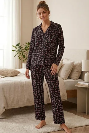 Pembe Kalp Desenli Uzun Kollu Pijama Takımı 4602 -Siyah