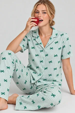 Kadın Desenli Yeşil Rahat Pijama Takımı 4800