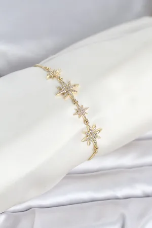 Gold Renk Pirinç Zirkon Taşlı Kutup Yıldızı Model Asansörlü Kadın Bileklik