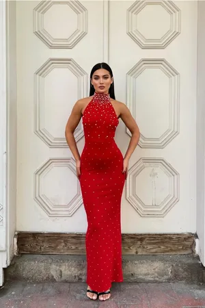 Balıkçı Kollu Abiye Kesim Balık Uzun Yaka Elbise