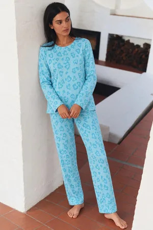 Kadın Desenli Uzun Kollu Rahat M.Yeşili Pijama Takımı Mint Yeşili