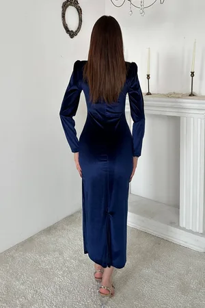 Lacivert Kadife Işıltılı Elbise