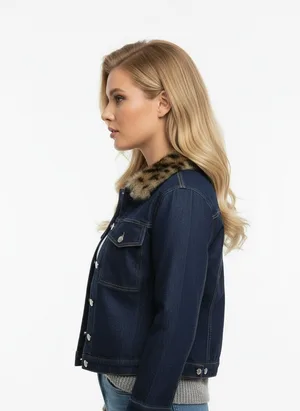 Kürk Yaka Detaylı Premium Denim Ceket – Modern Kesim Şık Jean Ceket - Mavi