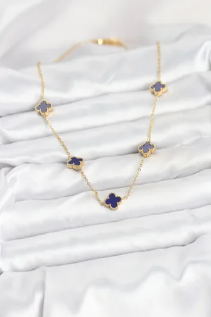 316L Çelik Zincir Gold Renk Lacivert Baby Boy Yonca Kadın Kolye