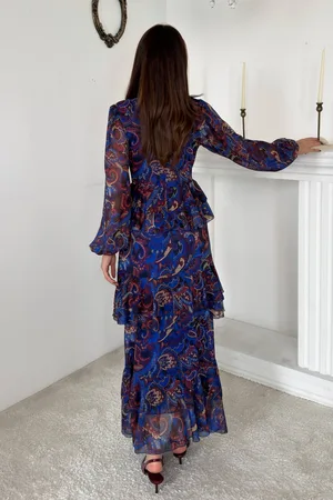 Saks Desenli Şifon Elbise
