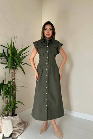Haki Pile Detaylı Düğmeli Gabardin Elbise - HAKİ