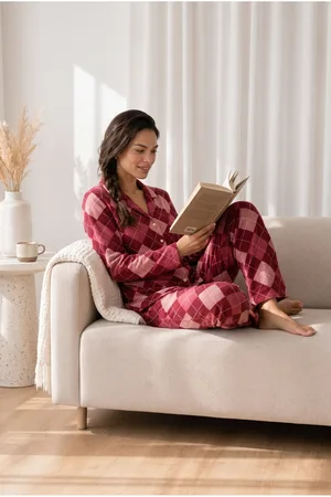 Kadın Desenli Basic Kış Kırmızı Pijama Takımı