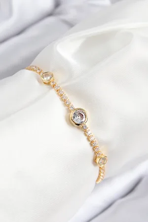Pirinç Zirkon Taşlı Daire Model Gold Renk Asansörlü Kadın Bileklik