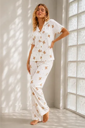 Kadın Genç Loose İpliği Boyalı Kırık Beyaz Pijama Takımı