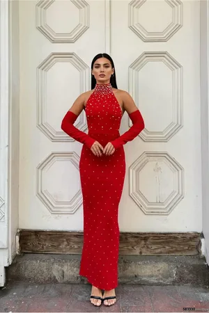Balıkçı Kollu Abiye Kesim Balık Uzun Yaka Elbise